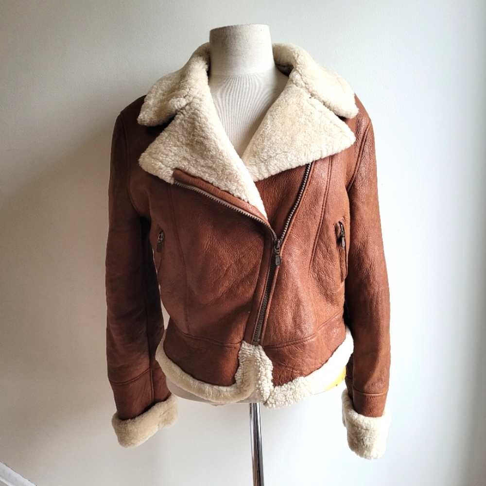 100% Genuine Sheepskin Shearling MOTO biker AVIATOR Flight Jacket Medium